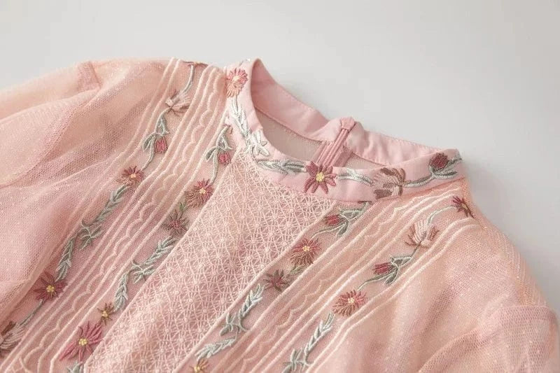 High Quality New 2024 Spring Long Wedding Party Women Dress Allover Exquisite Embroidery Long Sleeve Tulle Mesh Maxi Dress Pink
