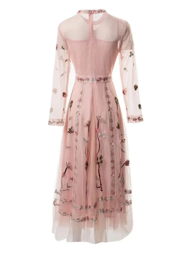 High Quality New 2024 Spring Long Wedding Party Women Dress Allover Exquisite Embroidery Long Sleeve Tulle Mesh Maxi Dress Pink