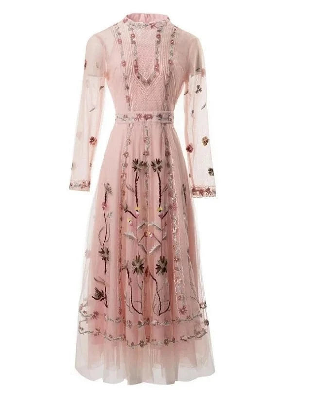 High Quality New 2024 Spring Long Wedding Party Women Dress Allover Exquisite Embroidery Long Sleeve Tulle Mesh Maxi Dress Pink