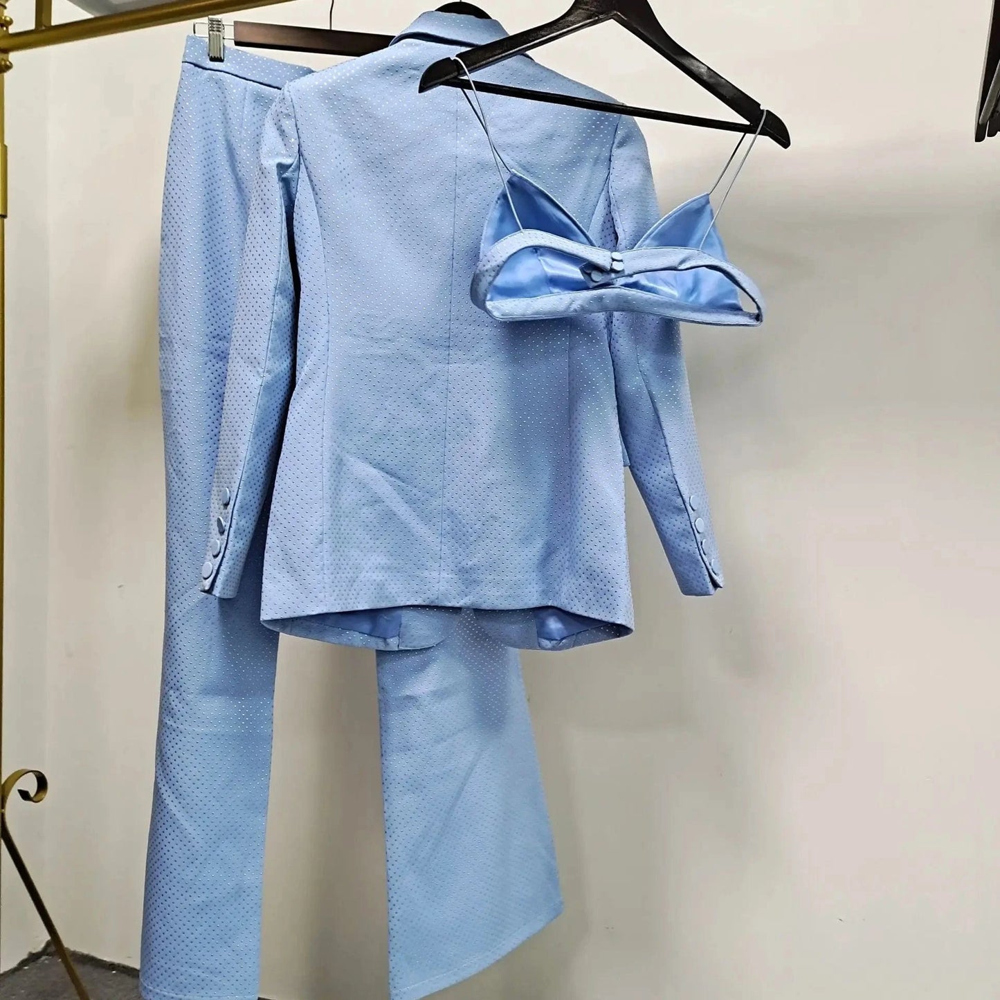 HIGH QUALITY New Fashion 2024 Designer Blazer Suit Set Women's Single Button Diamonds Beaded Camis Blazer Pants Suit 3pcs Set