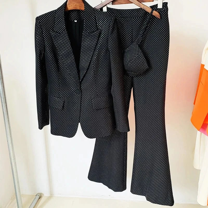 HIGH QUALITY New Fashion 2024 Designer Blazer Suit Set Women's Single Button Diamonds Beaded Camis Blazer Pants Suit 3pcs Set