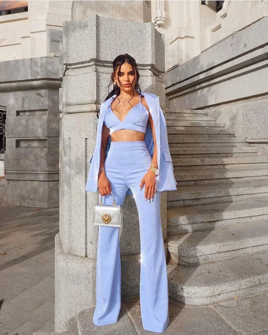 HIGH QUALITY New Fashion 2024 Designer Blazer Suit Set Women's Single Button Diamonds Beaded Camis Blazer Pants Suit 3pcs Set