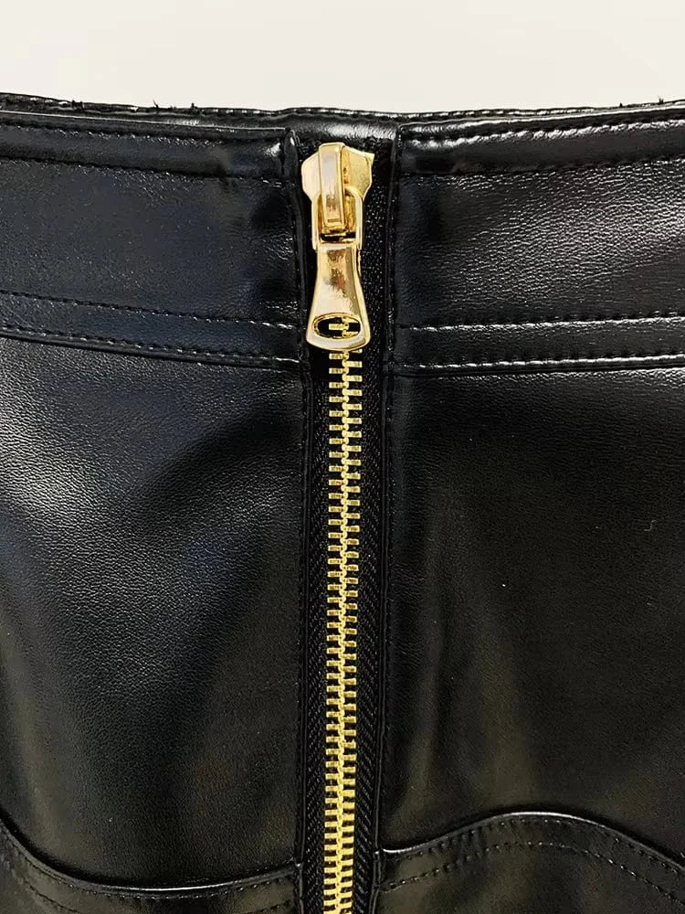 HIGH QUALITY Newest Fashion 2024 Designer Skirt Women's Faux Leather Patchwork Lion Buttons Mini Skirt