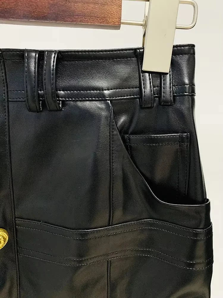 HIGH QUALITY Newest Fashion 2024 Designer Skirt Women's Faux Leather Patchwork Lion Buttons Mini Skirt