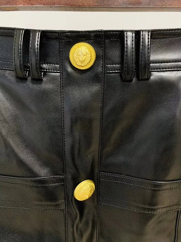 HIGH QUALITY Newest Fashion 2024 Designer Skirt Women's Faux Leather Patchwork Lion Buttons Mini Skirt