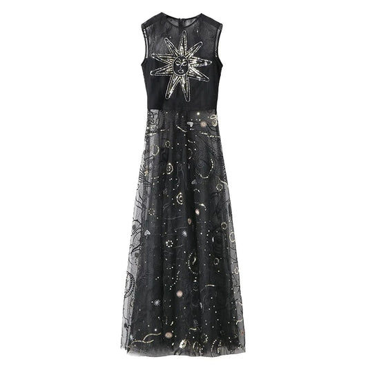 High Quality O Neck Sleeveless Transparent Formal Evening Party Custom Pattern Sequin Sexy Black Mesh Dress