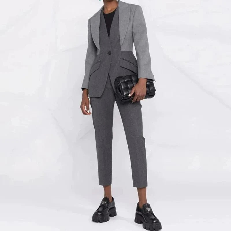 High Quality Patchwork High Waist Tight Grey Suit Coat Women's Clothing 2024 Spring Long V-neck British Elegant Women's Coats
