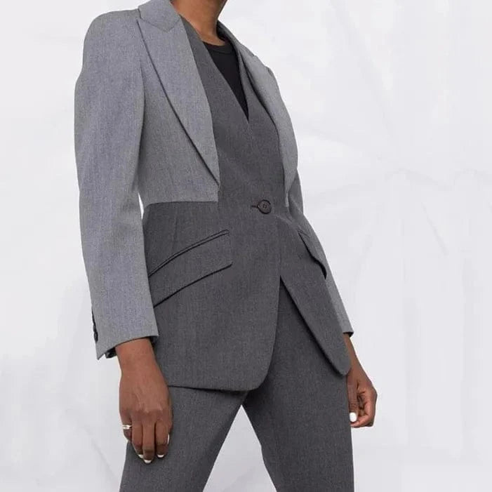 High Quality Patchwork High Waist Tight Grey Suit Coat Women's Clothing 2024 Spring Long V-neck British Elegant Women's Coats