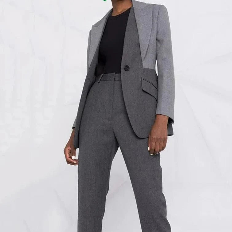 High Quality Patchwork High Waist Tight Grey Suit Coat Women's Clothing 2024 Spring Long V-neck British Elegant Women's Coats