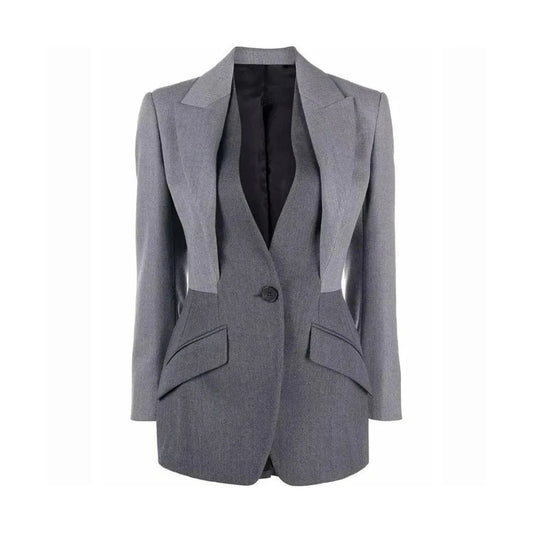 High Quality Patchwork High Waist Tight Grey Suit Coat Women's Clothing 2024 Spring Long V-neck British Elegant Women's Coats