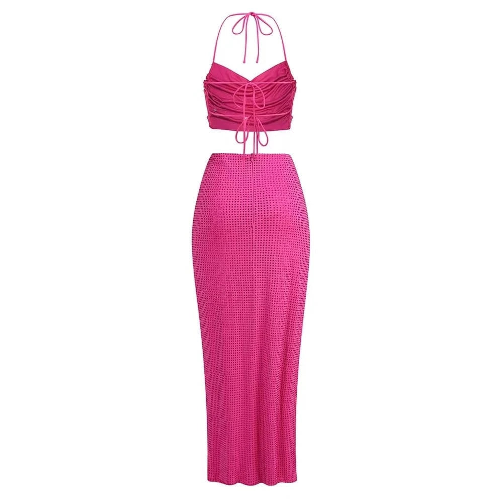 High Quality Rhinestone Design Two Pieces Sets Lace-Up Skirts Fashionable Sexy Women Elegant Ladies Club Party Dress