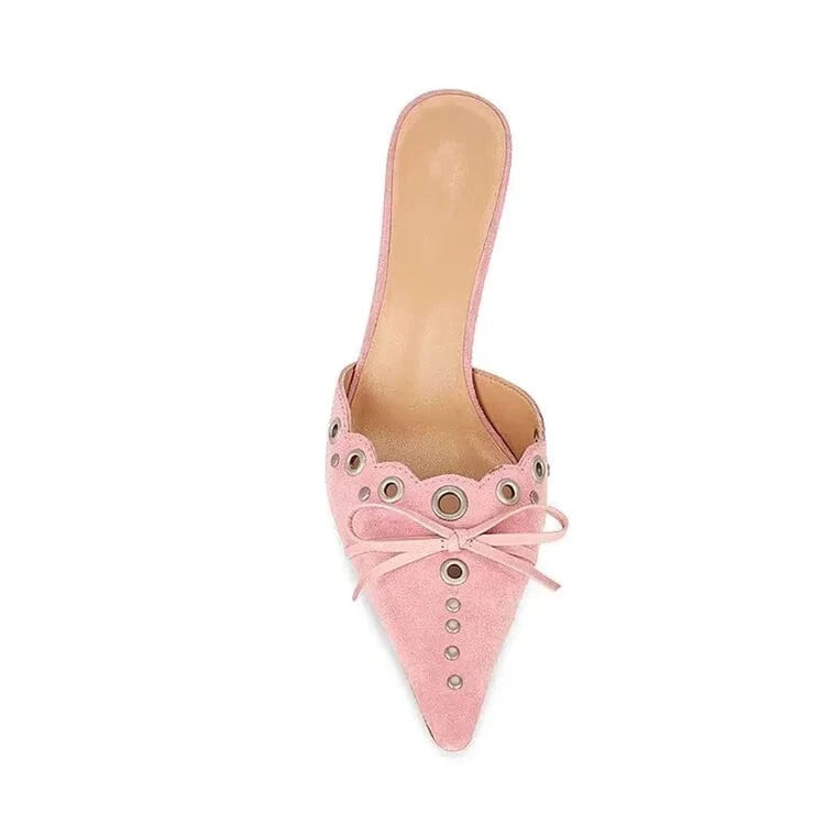 High Quality Sheep Suede Bowknot Hollow Slippers Sexy Pointed Toe Stiletto Sandals For Women Elegant Girls High Heel Sandals