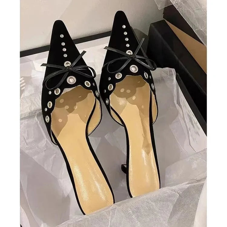 High Quality Sheep Suede Bowknot Hollow Slippers Sexy Pointed Toe Stiletto Sandals For Women Elegant Girls High Heel Sandals
