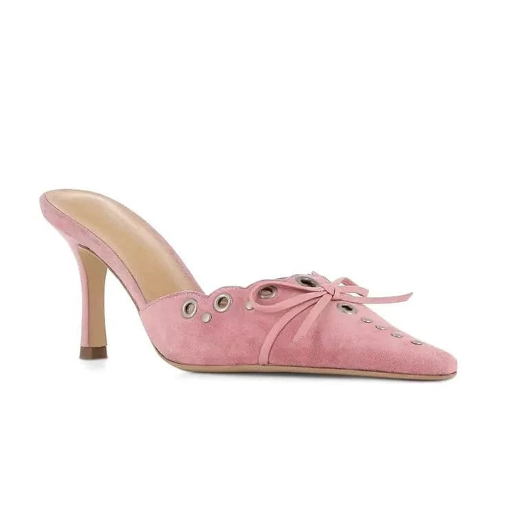 High Quality Sheep Suede Bowknot Hollow Slippers Sexy Pointed Toe Stiletto Sandals For Women Elegant Girls High Heel Sandals
