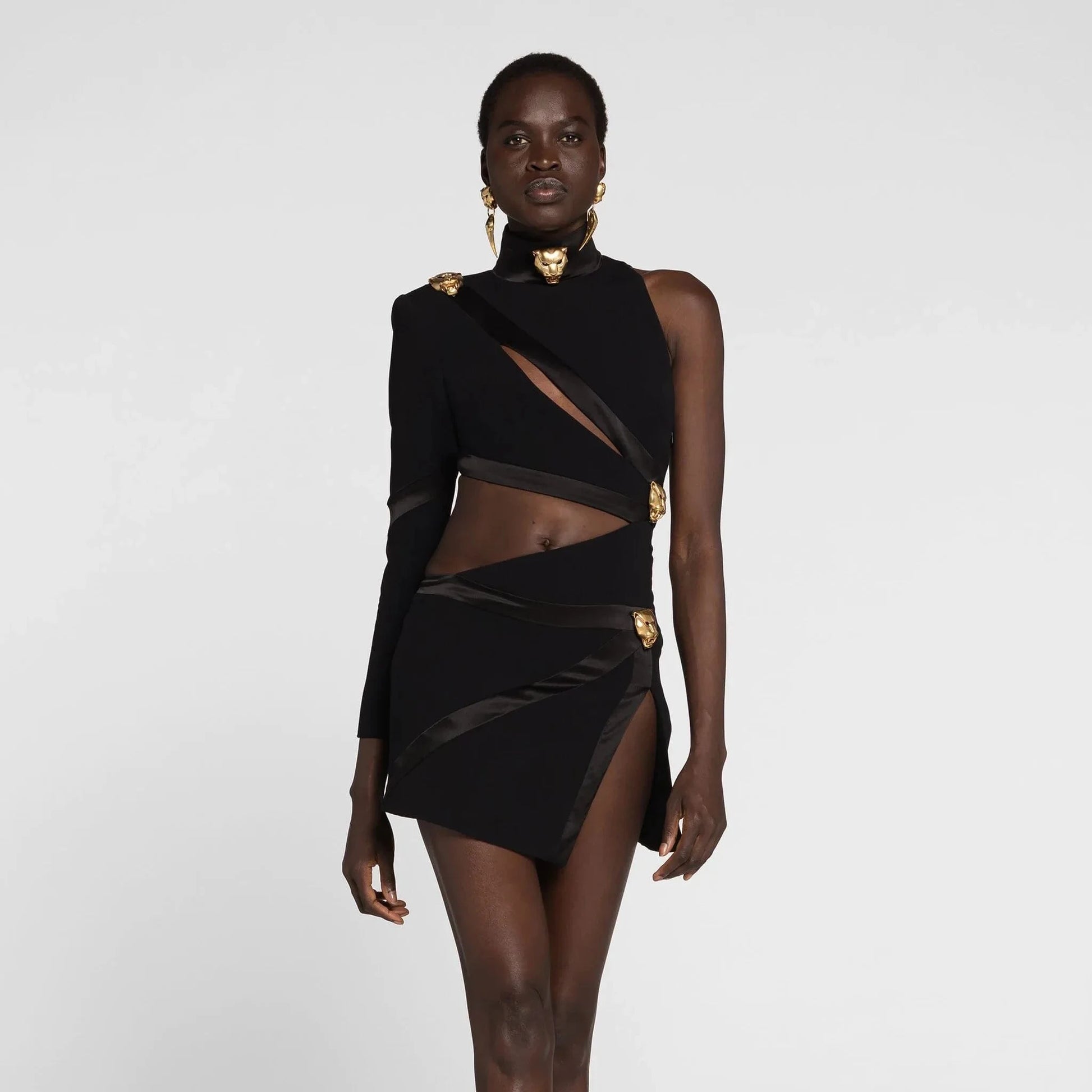 High Quality Single Sleeve Cut-out Bandage Dress Bodycon with Leopard Button Women Dress Elegant