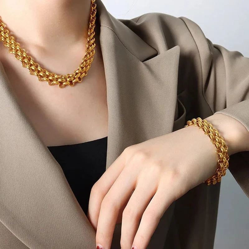High Quality Stainless Steel Thick Chain Necklace Bracelet Set for Women Gold Plated Fashion Chains Necklaces Jewelry Wholesale