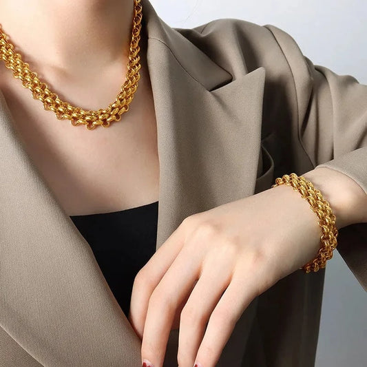 High Quality Stainless Steel Thick Chain Necklace Bracelet Set for Women Gold Plated Fashion Chains Necklaces Jewelry Wholesale