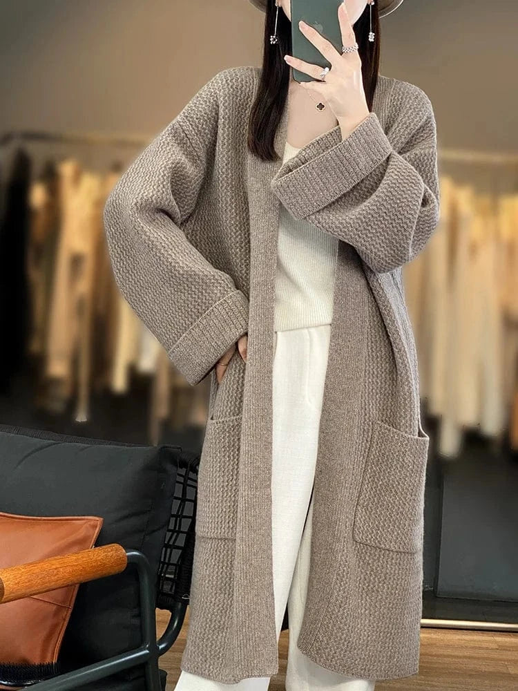 High Quality Women Cashmere Long Cardigan Autumn Winter Thick Casual Loose Style Sweater 100% Merino Wool Knitwear Korean Tops
