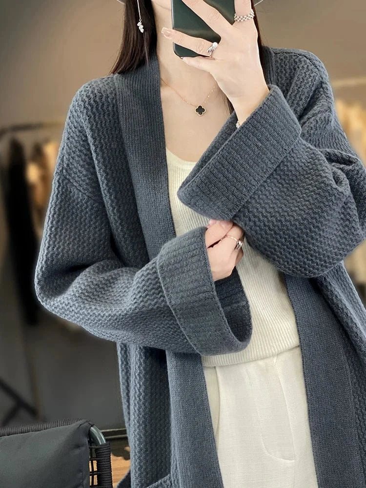 High Quality Women Cashmere Long Cardigan Autumn Winter Thick Casual Loose Style Sweater 100% Merino Wool Knitwear Korean Tops