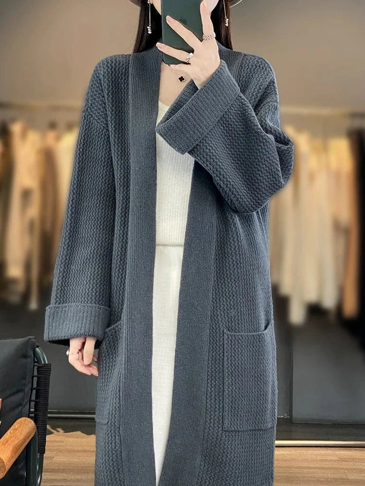 High Quality Women Cashmere Long Cardigan Autumn Winter Thick Casual Loose Style Sweater 100% Merino Wool Knitwear Korean Tops