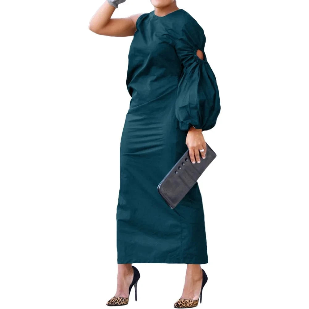 high quality women clothing Autumn and winter new Solid color single sleeve hollow side slit dress