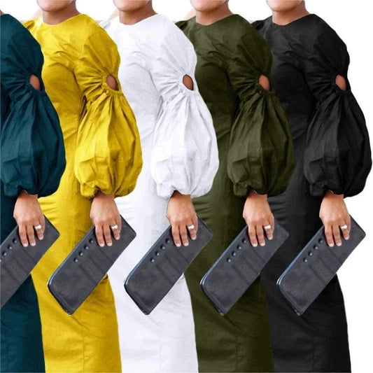 high quality women clothing Autumn and winter new Solid color single sleeve hollow side slit dress