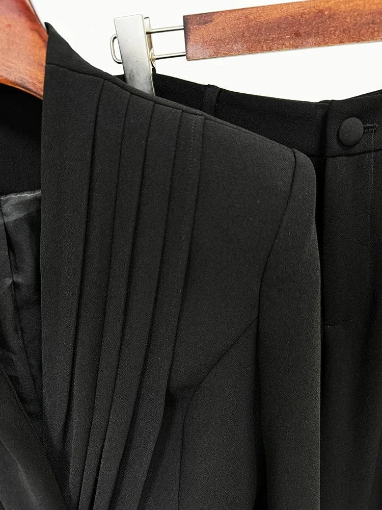 HIGH STEET Newest 2024 Designer Suit Set Women's Collarless Blazer Jacket Wide Leg Pants Suit 2pcs