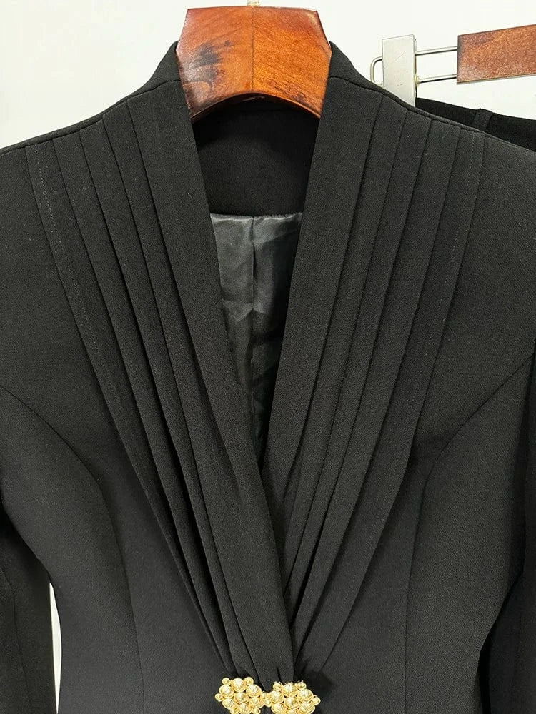 HIGH STEET Newest 2024 Designer Suit Set Women's Collarless Blazer Jacket Wide Leg Pants Suit 2pcs