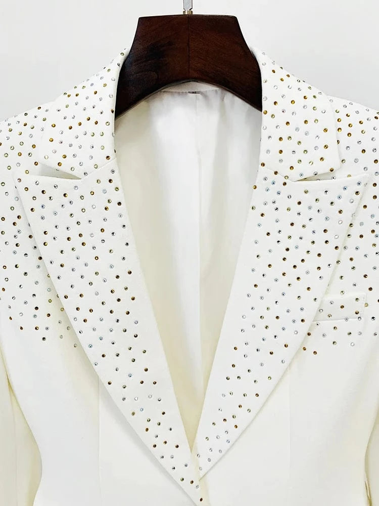 HIGH STREET 2024 New Designer Runway Suit Set Women's Slim Fit Single Button Rhinestone Diamonds Beaded Blazer Skirt Suit 2pcs