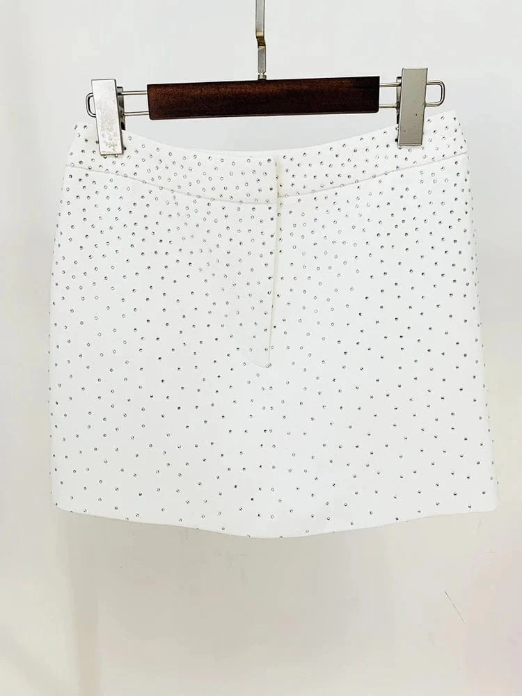 HIGH STREET 2024 New Designer Runway Suit Set Women's Slim Fit Single Button Rhinestone Diamonds Beaded Blazer Skirt Suit 2pcs