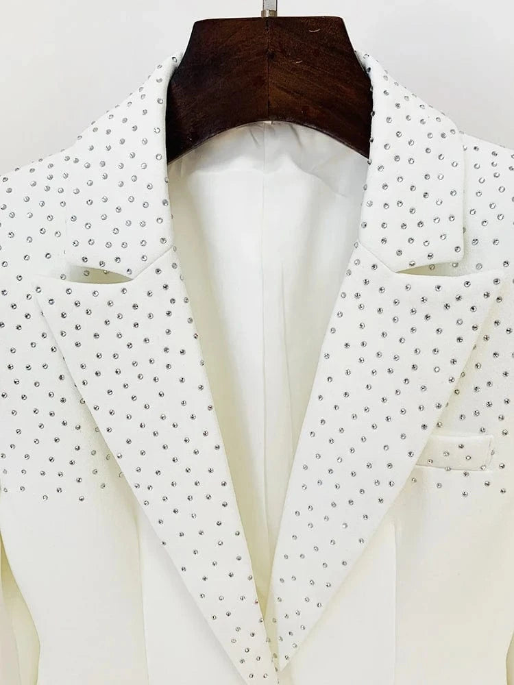 HIGH STREET 2024 New Designer Runway Suit Set Women's Slim Fit Single Button Rhinestone Diamonds Beaded Blazer Skirt Suit 2pcs