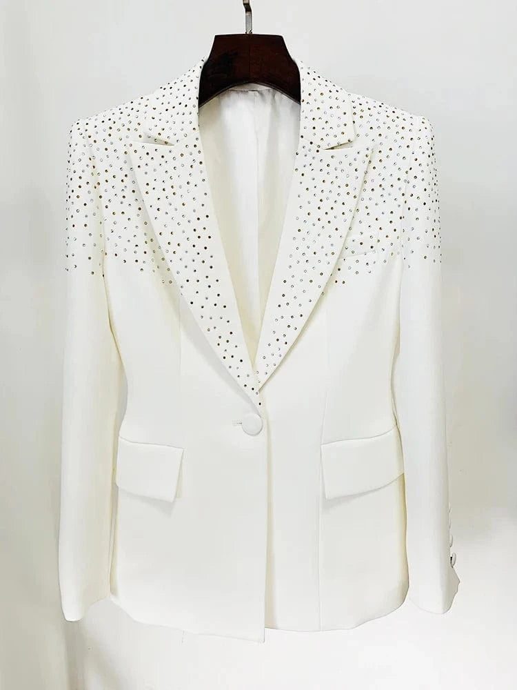 HIGH STREET 2024 New Designer Runway Suit Set Women's Slim Fit Single Button Rhinestone Diamonds Beaded Blazer Skirt Suit 2pcs