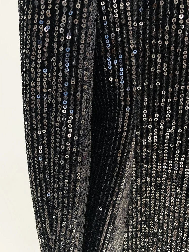 HIGH STREET 2024 Newest Designer Fashion Runway Suit Set Women's Slim Fit Glitter Sequined Velvet Blazer Flare Pants Set 2pcs