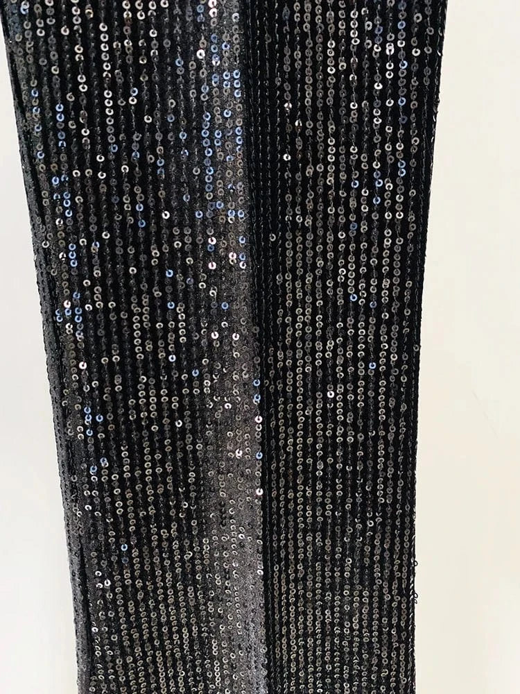 HIGH STREET 2024 Newest Designer Fashion Runway Suit Set Women's Slim Fit Glitter Sequined Velvet Blazer Flare Pants Set 2pcs