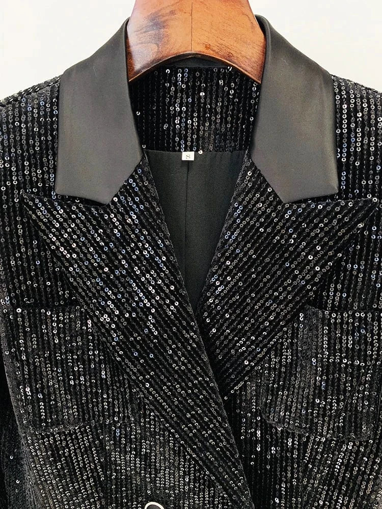 HIGH STREET 2024 Newest Designer Fashion Runway Suit Set Women's Slim Fit Glitter Sequined Velvet Blazer Flare Pants Set 2pcs