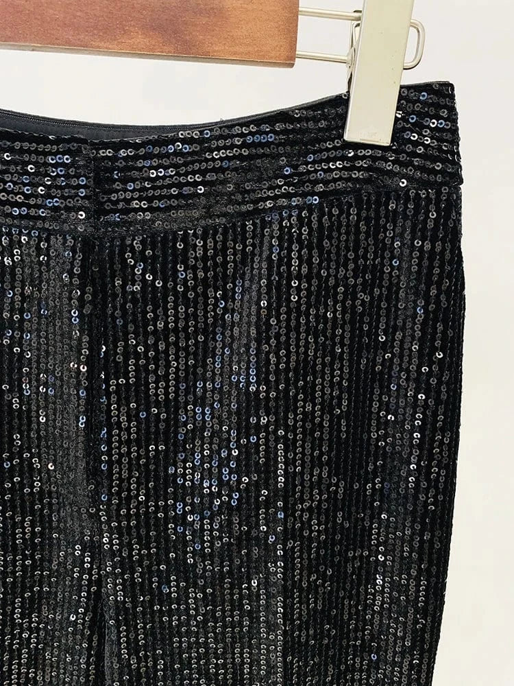 HIGH STREET 2024 Newest Designer Fashion Runway Suit Set Women's Slim Fit Glitter Sequined Velvet Blazer Flare Pants Set 2pcs