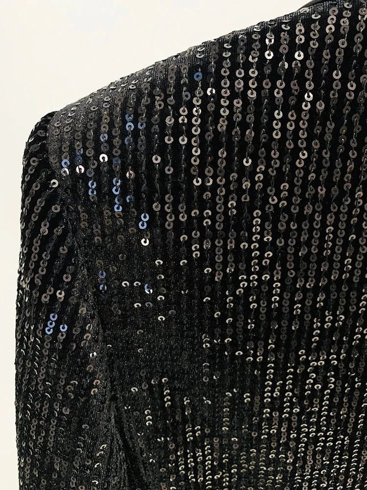 HIGH STREET 2024 Newest Designer Fashion Runway Suit Set Women's Slim Fit Glitter Sequined Velvet Blazer Flare Pants Set 2pcs