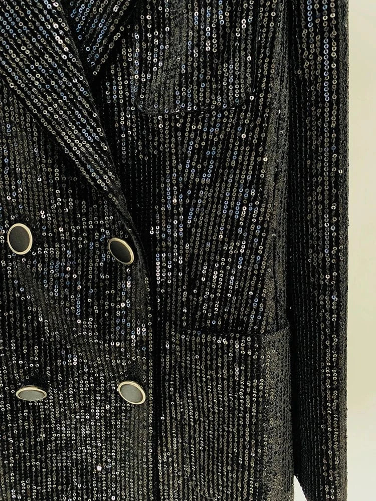 HIGH STREET 2024 Newest Designer Fashion Runway Suit Set Women's Slim Fit Glitter Sequined Velvet Blazer Flare Pants Set 2pcs