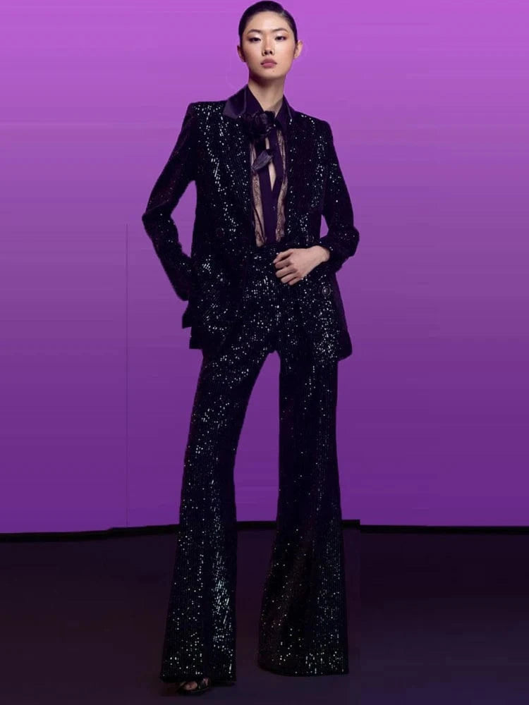 HIGH STREET 2024 Newest Designer Fashion Runway Suit Set Women's Slim Fit Glitter Sequined Velvet Blazer Flare Pants Set 2pcs