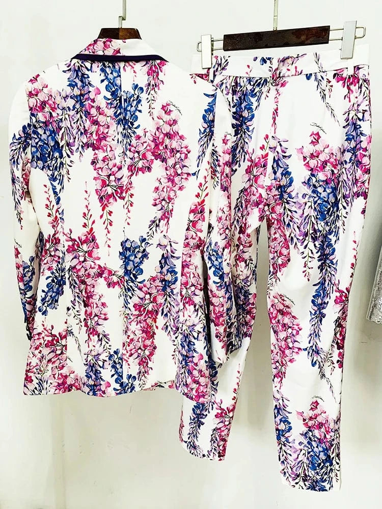 HIGH STREET 2025 Fashion Designer Runway Suit Set Women's Double Breasted Gorgoues Floral Printed Blazer Pants Suit