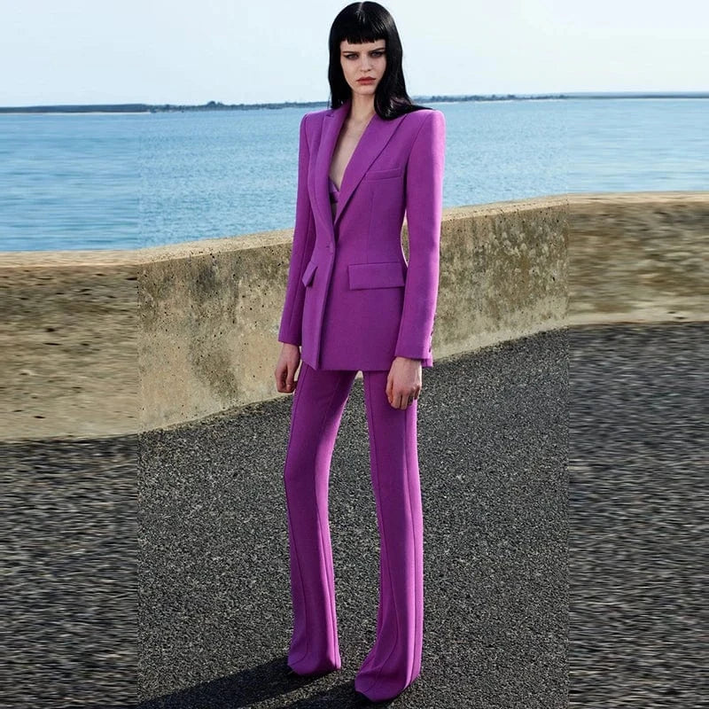 HIGH STREET Newest 2024 Runway Designer Suit Set Women's Single Button Blazer Flare Pants Suit