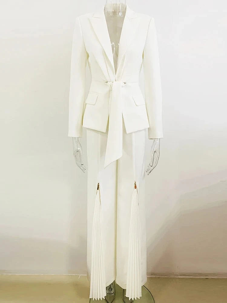HIGH STREET Newest 2025 Designer Runway Suit Set Women's Lacing Belt Blazer Pleated Zip Pants Set 2pcs Set