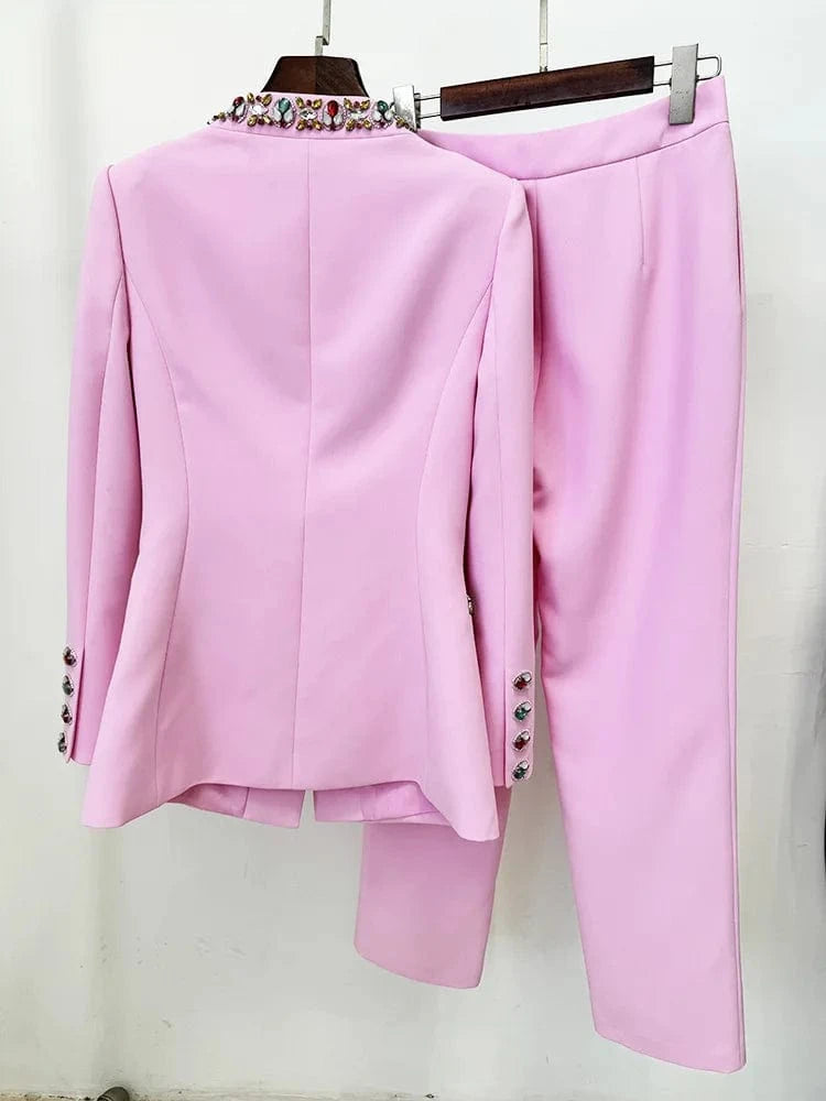 HIGH STREET Newest 2025 Designer Suit Set Women's Diamonds Beaded Jacket Pencil Pants Set 2pcs