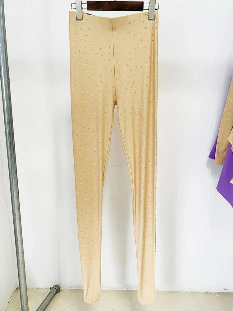 HIGH STREET Newest Designer Suit Set Women's Diamonds Crystal Strechy Playsuit Tops Draped Mini Skirt Legging Pants 3pcs Set