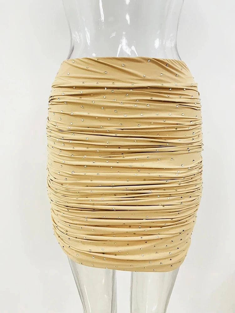 HIGH STREET Newest Designer Suit Set Women's Diamonds Crystal Strechy Playsuit Tops Draped Mini Skirt Legging Pants 3pcs Set