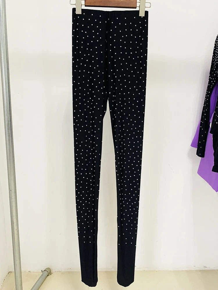 HIGH STREET Newest Designer Suit Set Women's Diamonds Crystal Strechy Playsuit Tops Draped Mini Skirt Legging Pants 3pcs Set