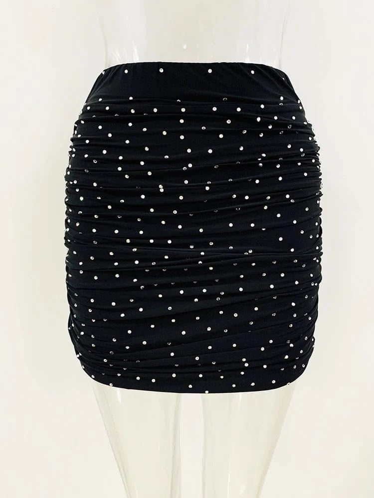 HIGH STREET Newest Designer Suit Set Women's Diamonds Crystal Strechy Playsuit Tops Draped Mini Skirt Legging Pants 3pcs Set