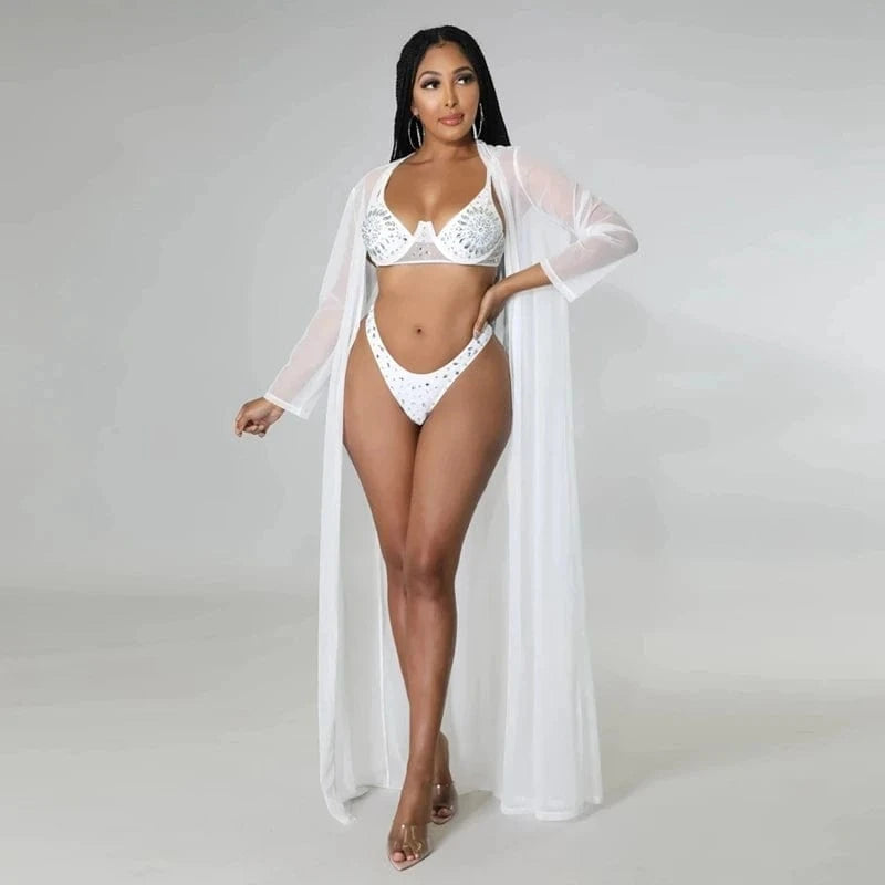 High Waist 3 Piece Bikini Set with Cover up Sexy Crystal Rhinestone Bathing Suit Beachwear Swimming Suit Beach Outfits for Women