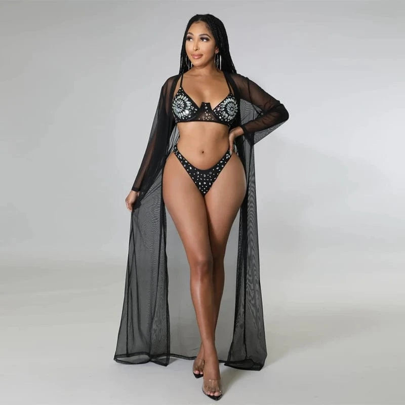 High Waist 3 Piece Bikini Set with Cover up Sexy Crystal Rhinestone Bathing Suit Beachwear Swimming Suit Beach Outfits for Women