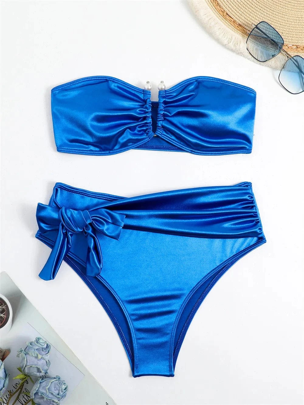 High Waist Bikini Set 2024 sexy Shiny Pearl Swimsuit String Sexy Swimwear Romantic Beach Wear Strapless Women's Sequin Bikini